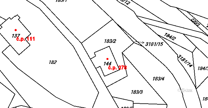Kunratice u Cvikova 278 na parcele st. 144 v KÚ Kunratice u Cvikova, Katastrální mapa