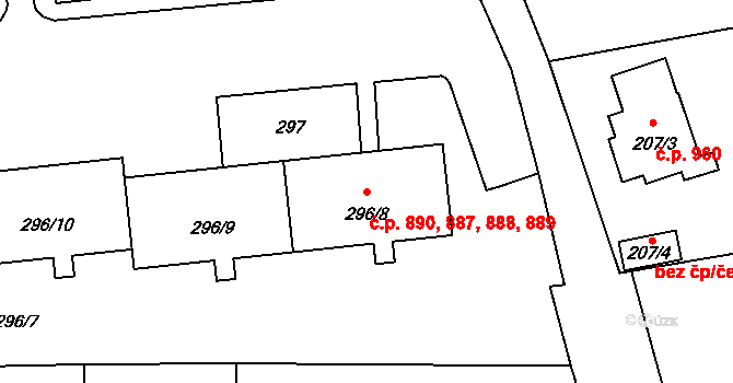 Doksy 887,888,889,890 na parcele st. 296/11 v KÚ Doksy u Máchova jezera, Katastrální mapa