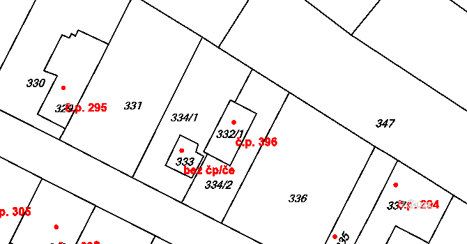 Telnice 396 na parcele st. 332/1 v KÚ Telnice u Brna, Katastrální mapa