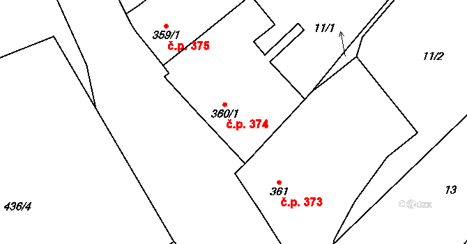 Polná 374 na parcele st. 360/1 v KÚ Polná, Katastrální mapa