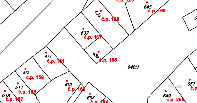 Šaratice 165 na parcele st. 638 v KÚ Šaratice, Katastrální mapa