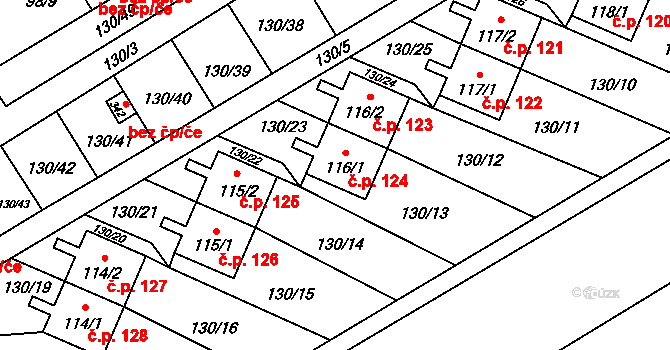 Horní Tošanovice 124 na parcele st. 116/1 v KÚ Horní Tošanovice, Katastrální mapa