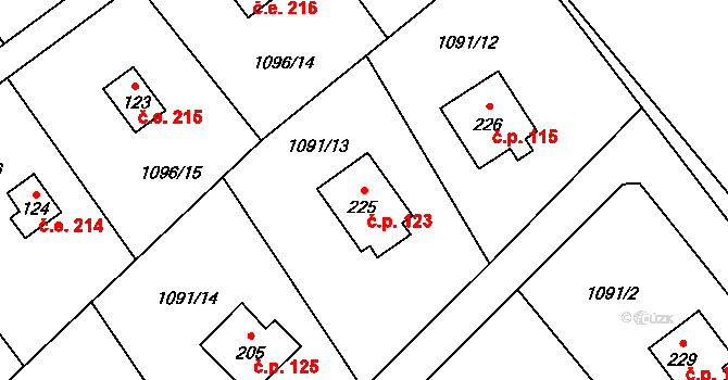 Měřín 123, Rabyně na parcele st. 225 v KÚ Blaženice, Katastrální mapa