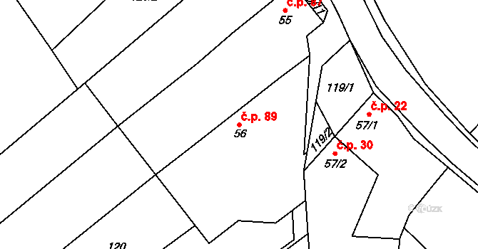 Kamberk 89 na parcele st. 56 v KÚ Kamberk, Katastrální mapa
