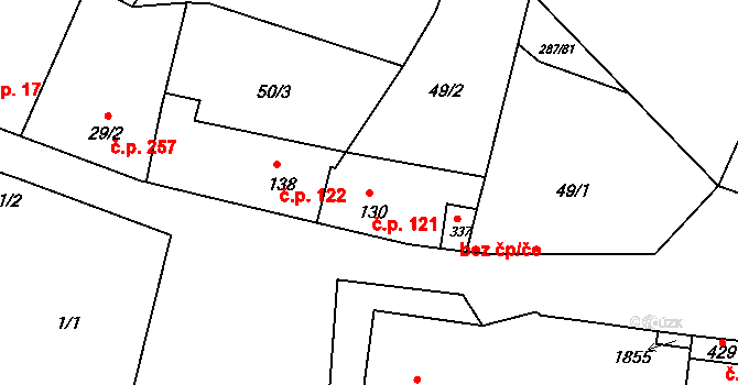 Tetín 121 na parcele st. 130 v KÚ Tetín u Berouna, Katastrální mapa