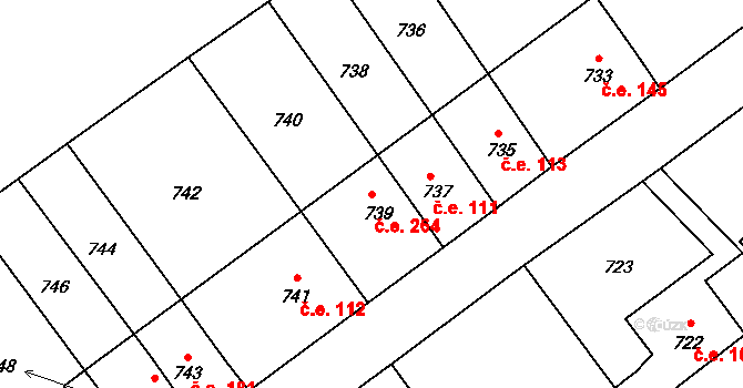 Hlásná Třebaň 264 na parcele st. 739 v KÚ Hlásná Třebaň, Katastrální mapa