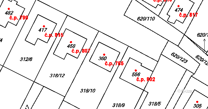 Chvalčov 785 na parcele st. 360 v KÚ Chvalčova Lhota, Katastrální mapa