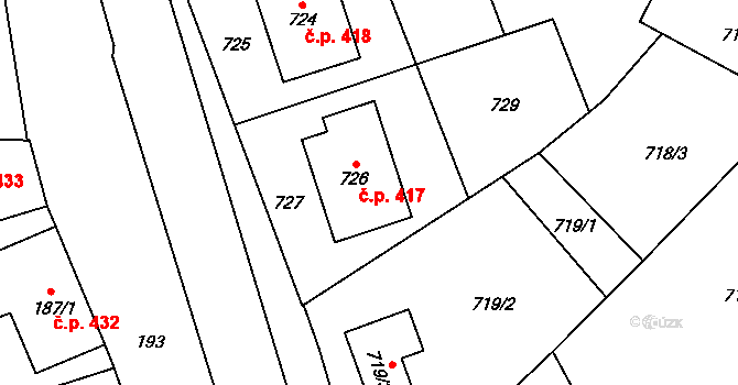 Tučapy 417, Dub nad Moravou na parcele st. 726 v KÚ Dub nad Moravou, Katastrální mapa