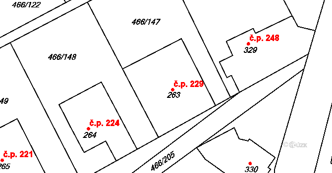 Broumy 229 na parcele st. 263 v KÚ Broumy, Katastrální mapa