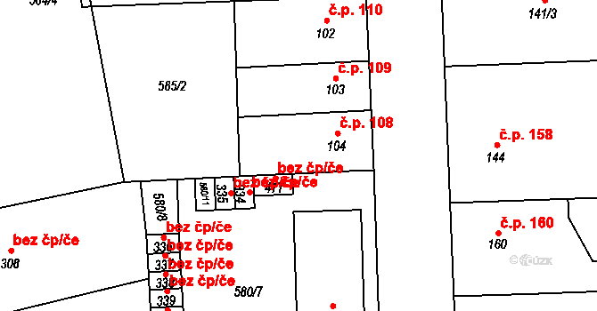 Bohušovice nad Ohří 108 na parcele st. 104 v KÚ Bohušovice nad Ohří, Katastrální mapa