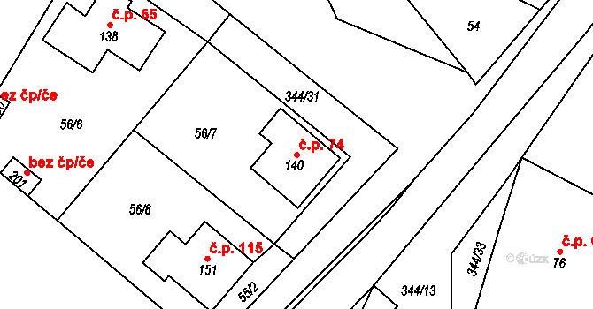 Černouček 74 na parcele st. 140 v KÚ Černouček, Katastrální mapa
