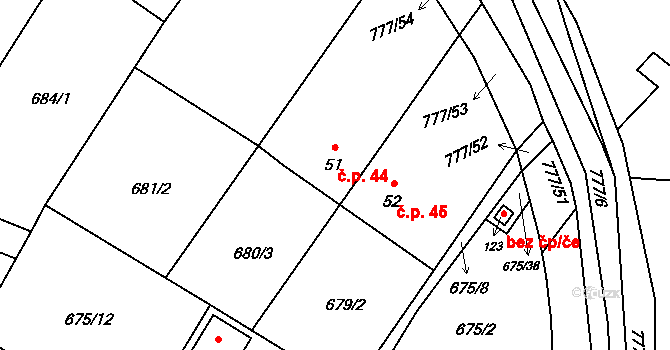 Lom 44 na parcele st. 51 v KÚ Lom, Katastrální mapa