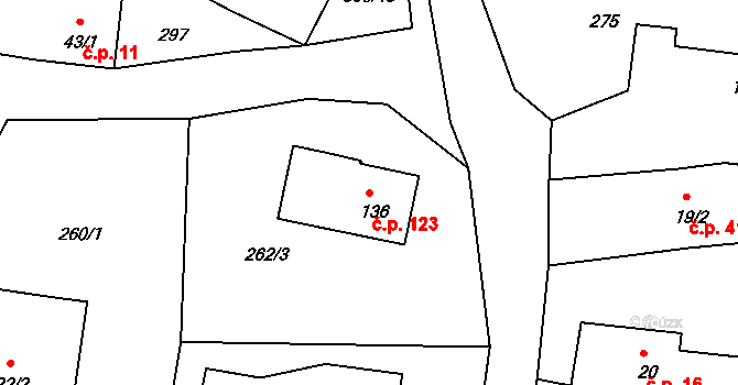 Sudoměřice u Bechyně 123 na parcele st. 136 v KÚ Sudoměřice u Bechyně, Katastrální mapa