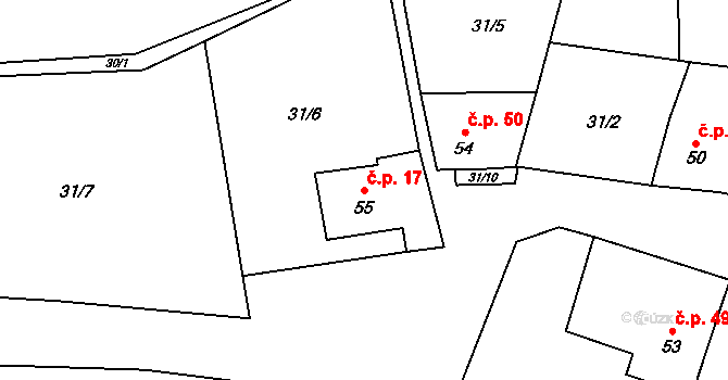 Čábuze 17, Vacov na parcele st. 55 v KÚ Čábuze, Katastrální mapa