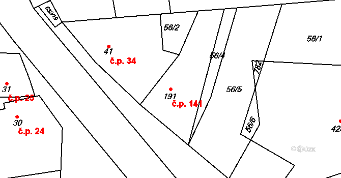 Dymokury 141 na parcele st. 191 v KÚ Dymokury, Katastrální mapa