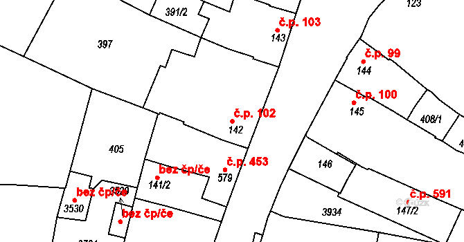 Lysá nad Labem 102 na parcele st. 142 v KÚ Lysá nad Labem, Katastrální mapa