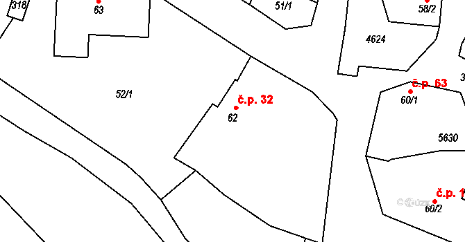 Senorady 32 na parcele st. 62 v KÚ Senorady, Katastrální mapa