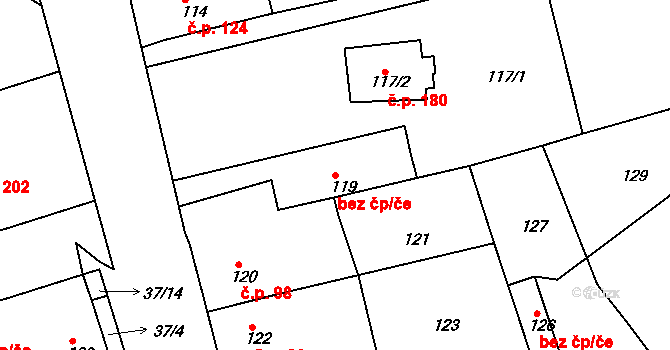 Teplice 19961201 na parcele st. 119 v KÚ Hudcov, Katastrální mapa