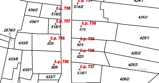 Nový Bydžov 729 na parcele st. 824 v KÚ Nový Bydžov, Katastrální mapa