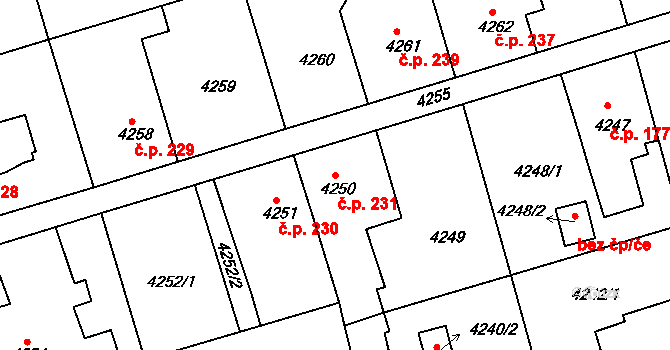 Lískovec 231, Frýdek-Místek na parcele st. 4250 v KÚ Lískovec u Frýdku-Místku, Katastrální mapa