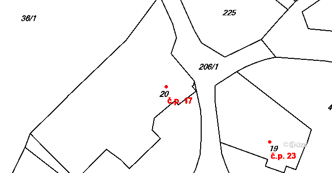 Hradišťský Újezd 17, Blovice na parcele st. 20 v KÚ Hradišťský Újezd, Katastrální mapa