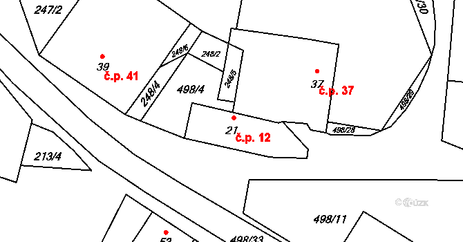 Kamenný Malíkov 12 na parcele st. 21 v KÚ Kamenný Malíkov, Katastrální mapa