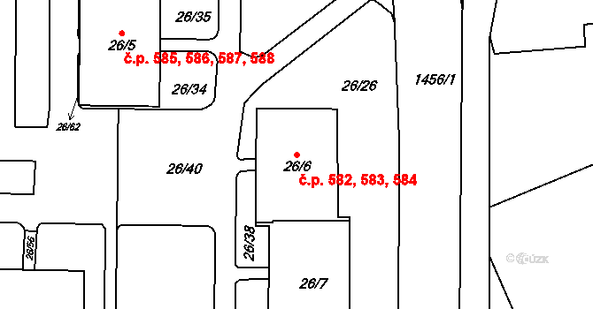 Liboc 582,583,584, Praha na parcele st. 26/6 v KÚ Liboc, Katastrální mapa