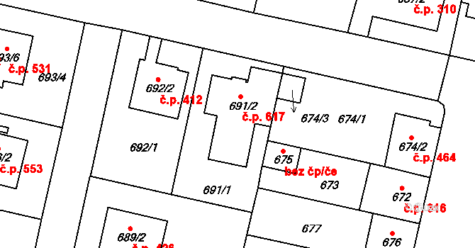 Nebušice 617, Praha na parcele st. 691/2 v KÚ Nebušice, Katastrální mapa