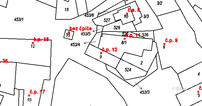 Pečičky 12, Pečice na parcele st. 9 v KÚ Pečičky, Katastrální mapa