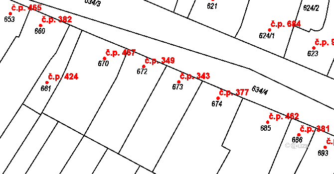 Blučina 343 na parcele st. 673 v KÚ Blučina, Katastrální mapa