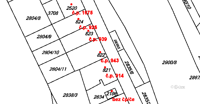 Rosice 943 na parcele st. 822 v KÚ Rosice u Brna, Katastrální mapa