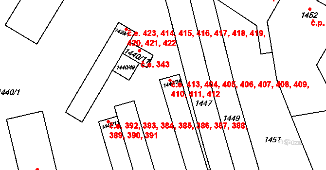 Šlapanice 404,405,406,407,408, na parcele st. 1440/34 v KÚ Šlapanice u Brna, Katastrální mapa