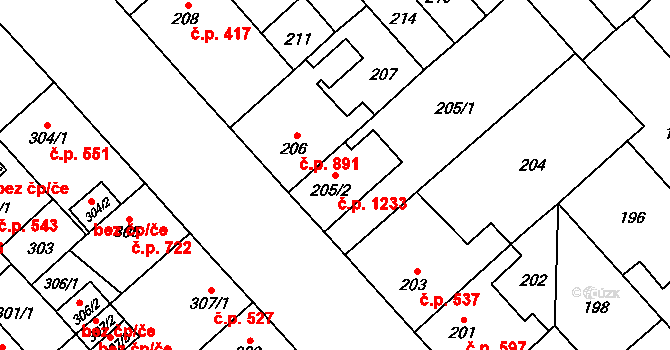 Doubravka 1233, Plzeň na parcele st. 205/2 v KÚ Doubravka, Katastrální mapa