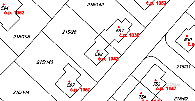Rudná 1042 na parcele st. 598 v KÚ Hořelice, Katastrální mapa