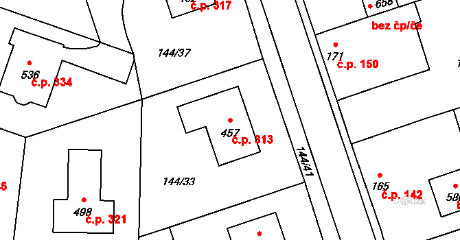 Úhonice 313 na parcele st. 457 v KÚ Úhonice, Katastrální mapa