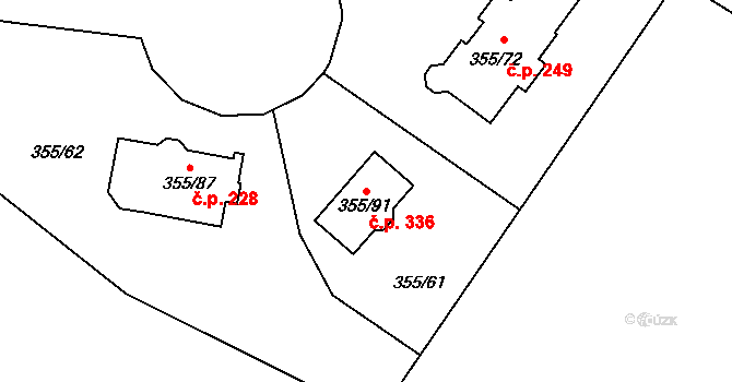 Červený Hrádek 336, Plzeň na parcele st. 355/91 v KÚ Červený Hrádek u Plzně, Katastrální mapa