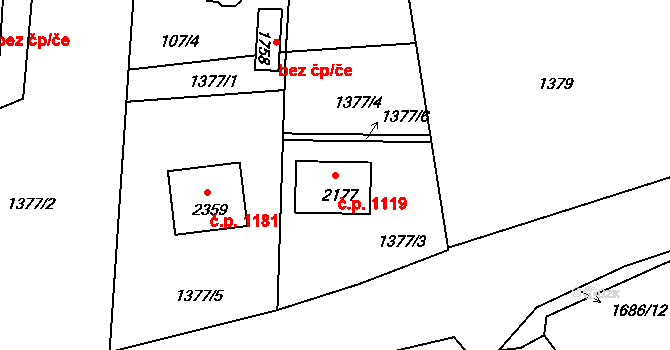 Pacov 1119 na parcele st. 2177 v KÚ Pacov, Katastrální mapa