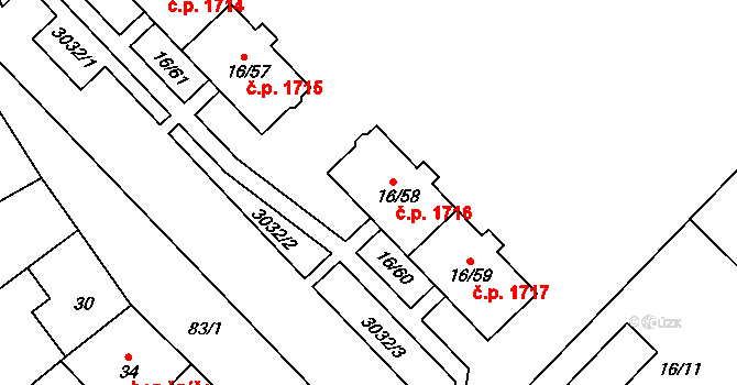 Šlapanice 1716 na parcele st. 16/58 v KÚ Šlapanice u Brna, Katastrální mapa