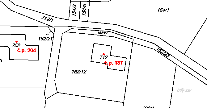 Kytín 187 na parcele st. 712 v KÚ Kytín, Katastrální mapa