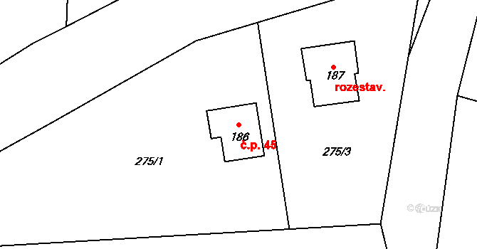 Mohuřice 45, Slavče na parcele st. 186 v KÚ Mohuřice, Katastrální mapa