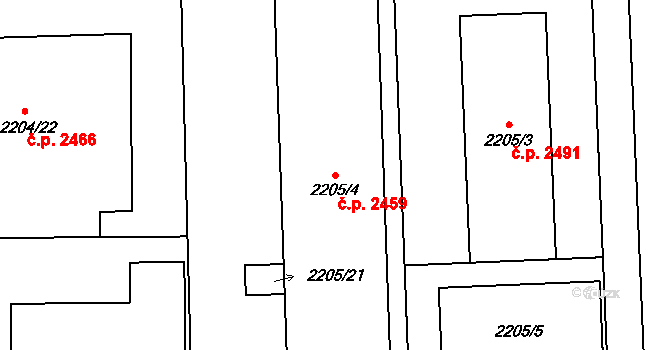 Šternberk 2459 na parcele st. 2205/4 v KÚ Šternberk, Katastrální mapa