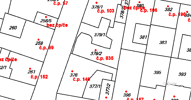 Bohnice 835, Praha na parcele st. 379/2 v KÚ Bohnice, Katastrální mapa