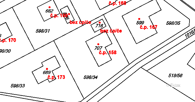 Srbín 158, Mukařov na parcele st. 707 v KÚ Srbín, Katastrální mapa