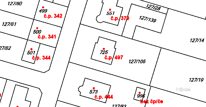 Měšice 497 na parcele st. 725 v KÚ Měšice u Prahy, Katastrální mapa
