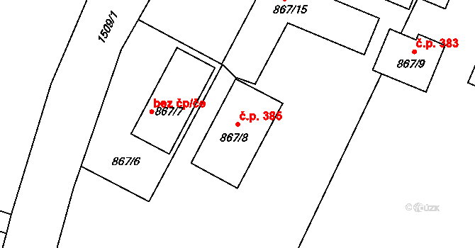 Mochov 385 na parcele st. 867/8 v KÚ Mochov, Katastrální mapa