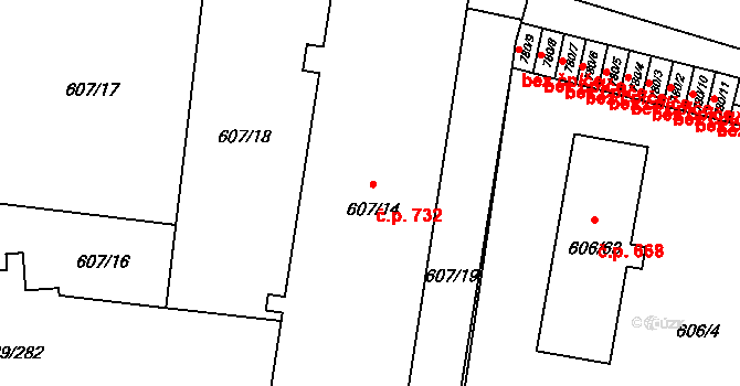 Letňany 732, Praha na parcele st. 607/14 v KÚ Letňany, Katastrální mapa