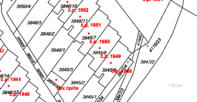 Předměstí 1949, Litoměřice na parcele st. 3845/8 v KÚ Litoměřice, Katastrální mapa