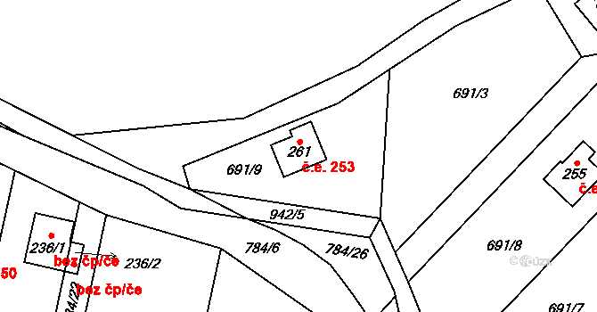 Chrást 253, Kovářov na parcele st. 261 v KÚ Chrást u Zahořan, Katastrální mapa