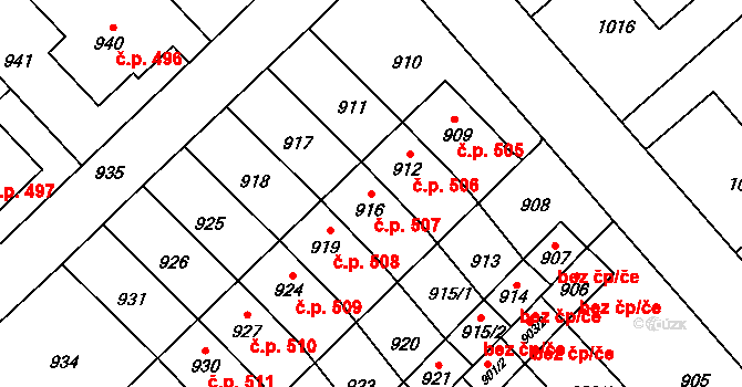 Měřín 507 na parcele st. 916 v KÚ Měřín, Katastrální mapa
