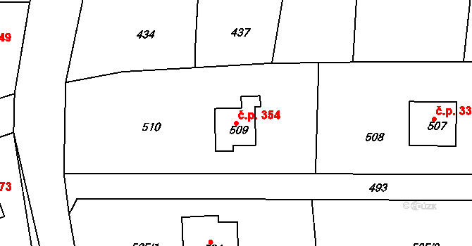 Zádveřice 354, Zádveřice-Raková na parcele st. 509 v KÚ Zádveřice, Katastrální mapa